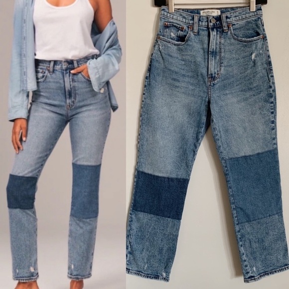 Mid Wash Abercrombie Patchwork Ultra High Rise The Ankle Straight Jean 26S - Picture 2 of 14
